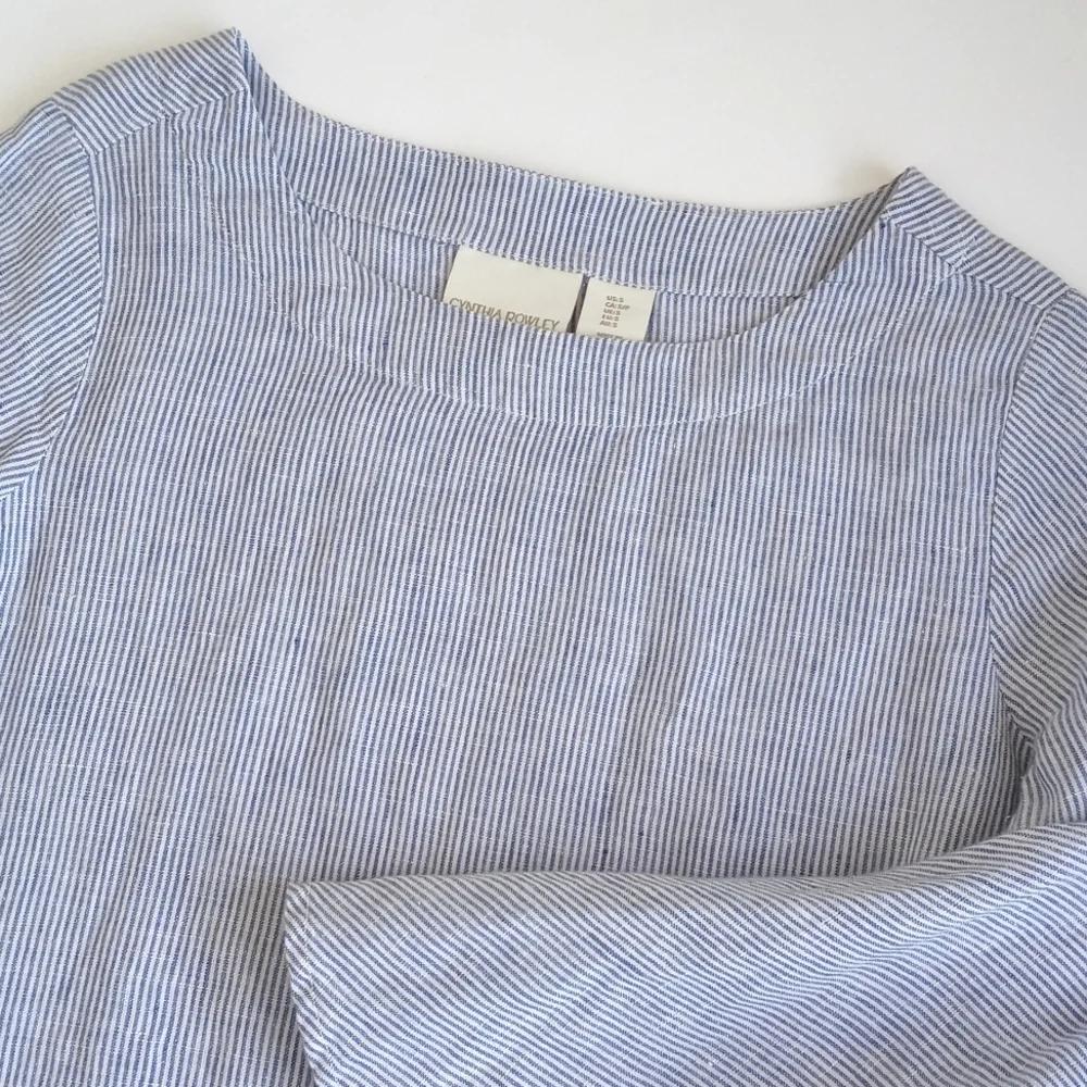 Cynthia Rowley 100% Linen Blue & White Pinstripe Bell Sleeve Top M - Picture 4 of 10
